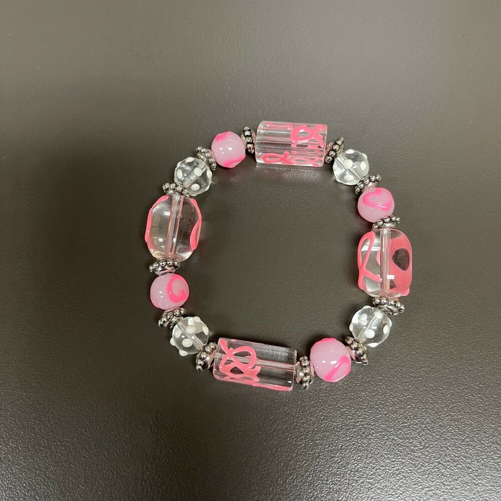 Silver-tone Clear Pink Ribbon Hearts White Women's Fashion Stretch Bracelet NWOT
